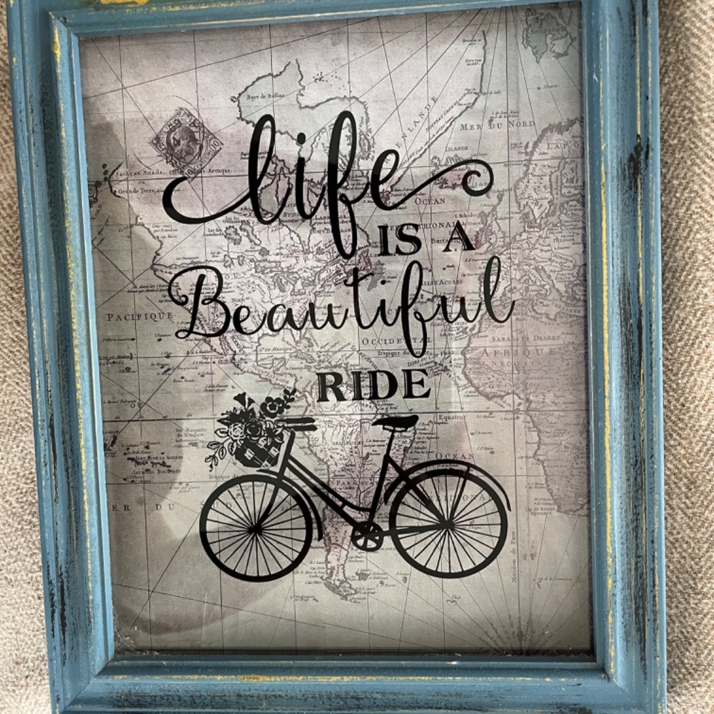 Life Is A Beautiful Ride in Rustic Blue Frame w Map Background - Picture 3 of 5